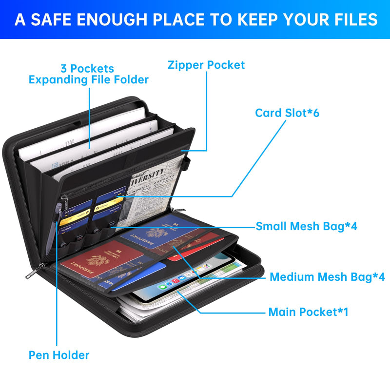 ENGPOW Document Organizer Folder, Fireproof Expanding File Folder with Multi Pockets, 3 Pockets File Organizer with Handle, Portable Home Travel Safe Storage for Important Documents, Passport, Laptop