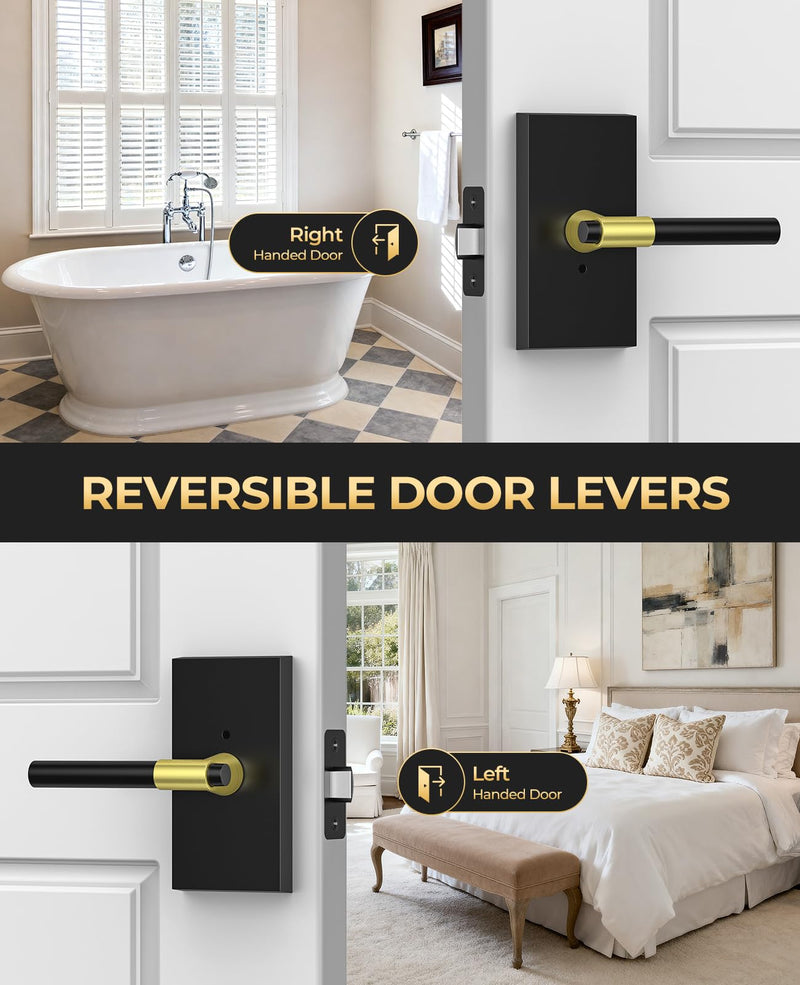 Black and Gold Door Handles Interior with Lock, Zinc Alloy Rectangular Modern Privacy Lever Door Knobs Interior for Bathroom Bedroom, Left or Right-Handed,1 Pack 1