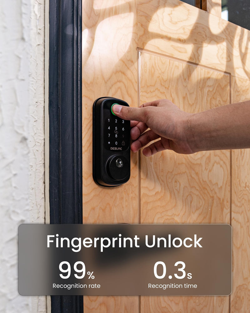 DESLOC Smart Door Lock B200, Smart Deadbolt Lock, Keyless Entry Door Lock, Fingerprint Smart Lock, Smart Locks for Front Door, App Control, Touchscreen Keypad Deadbolts,12-Month Battery, BHMA Grade3 Black