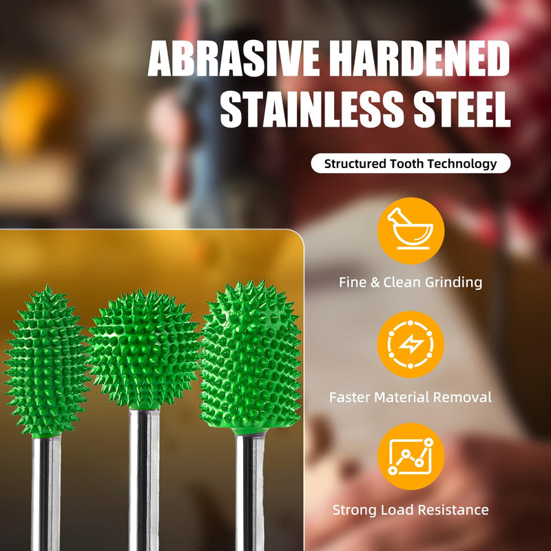 CAELUM 3 Pcs Tungsten Carbide Rotary Burr Kit, 1/4" Shaft Extreme Coarse Woodworking Attachment for Graining Tools, Sphere, Flame, Ball Nose Carving Bit for Wood, Rubber Engraving & Removal 3pcs-Sphere, Flame, Ball Nose