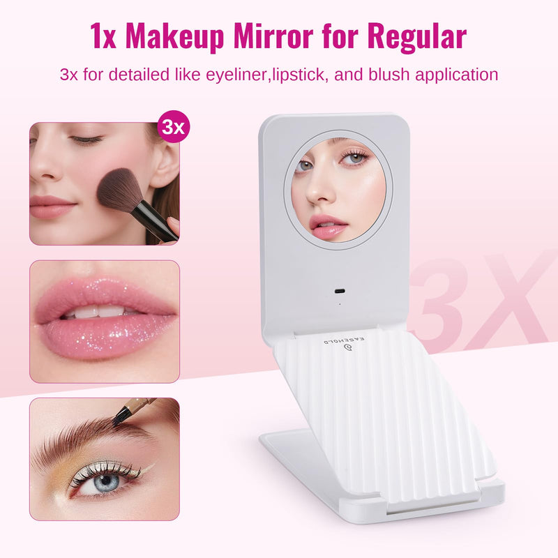 EASEHOLD Lighted Travel Makeup Mirror with 72 Light,1X/3X Magnification,Rechargeable Dimmable Touch Screen,Foldable Adjustable Height & Angle, Compact Magnifying LED Mirror for Women Teens