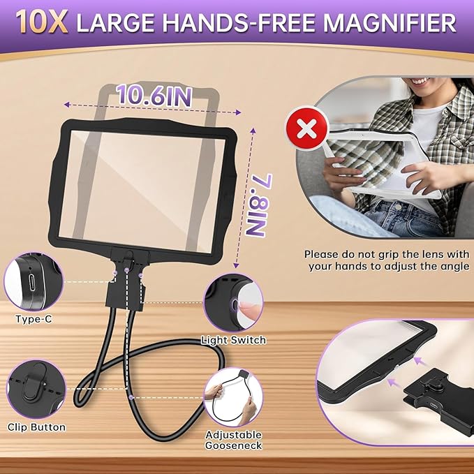 Large Hands-Free Magnifying Glass with 50 Ultra-Bright LED Light, Lightweight Lighted Neck Page Magnifier for Reading Books, Sewing, Knitting, Cross Stitch & Crafts for Close Work for Seniors