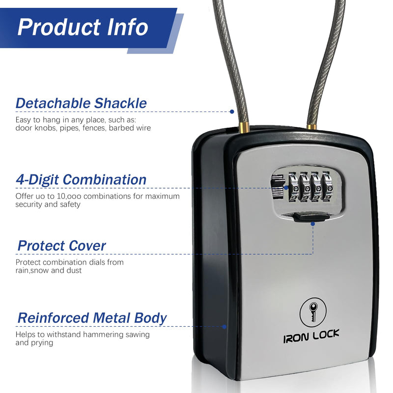 Iron Lock® Key Lock Box Portable with Cable Shackle & Wall Mount – Waterproof Heavy Duty Metal Lock Box for Keys with 4-Digit Combination Code on Door Knob, Fence, Pipe or Gate Extra Large (Grey, XXL) 2X-Large Portable Cable Grey