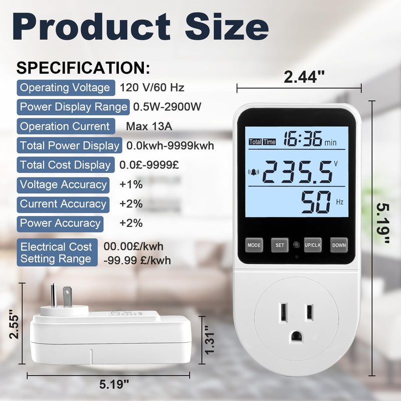 2 Pack Upgraded Watt Meter, Power Meter Plug Electricity Usage Monitor, Home Energy Monitor Consumption, Meter Sockets with Backlight, Overload Protection, 8 Modes Display 2 Pack