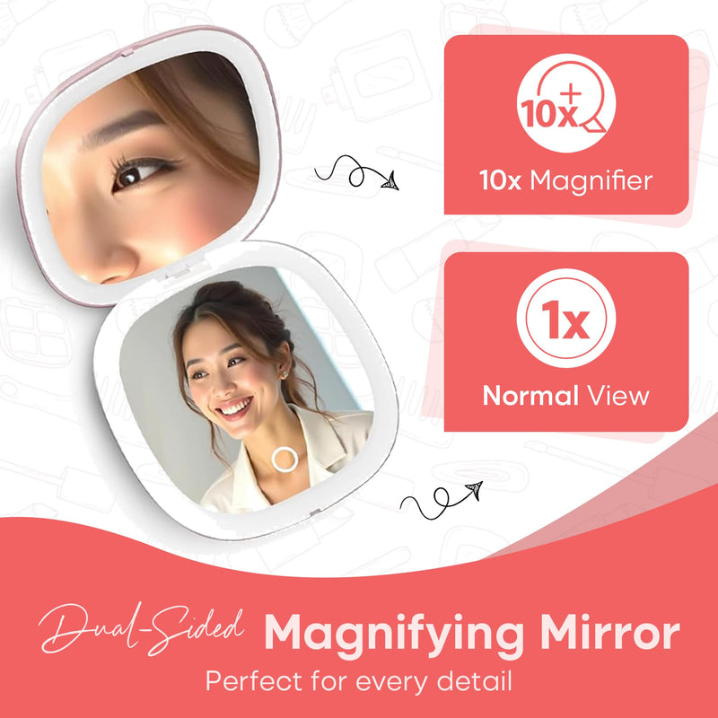 4" LED Compact Mirror – 1x & 10x Magnification | Travel Makeup Mirror with Adjustable Lighting | Handheld & Pocket-Sized Portable Mirror with Protective Pouch (Pink) Pink