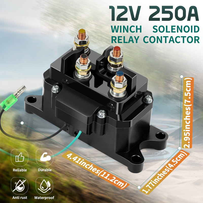 12V 250A Winch Solenoid Relay Contactor with 6 Protecting Caps for ATV UTV 2000-5000 lbs Winch - Replacement 63070 62135 74900 2875714 70715– Weatherproof & Easy Install