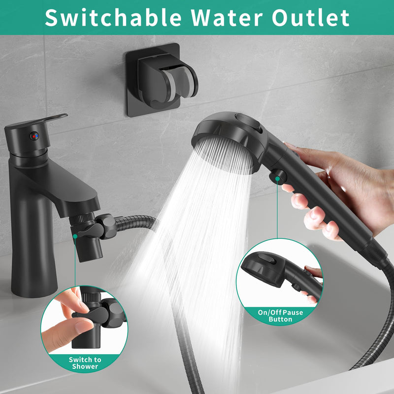 Sink Hose Sprayer Attachment for Faucet, 3 Mode Shower Head Attaches to Tub Faucet with 5 Adapters, High Pressure Shower Head for Bathtub, Handheld Showerhead with Filter (Black) Black