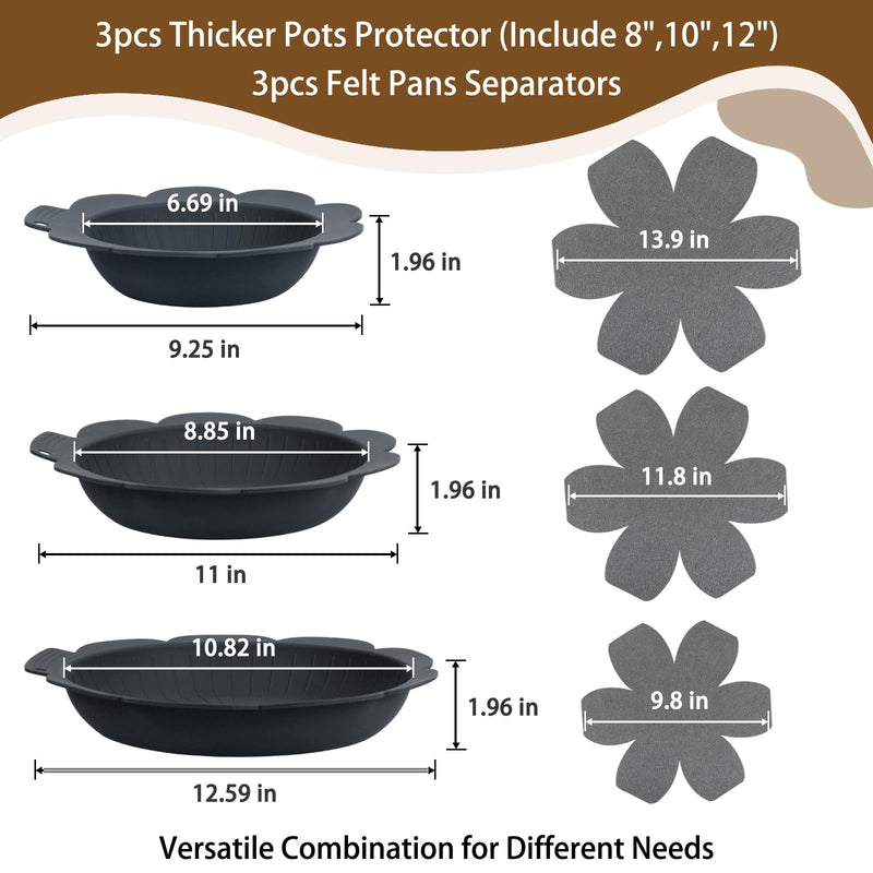 Silicone Pan Protectors for Stacking,3pcs Thicker Pots Protector (Include 8",10",12") with 3pcs Felt Pans Separators for Protecting Your Cookware,Dishwasher Safe (Dark Gray) Dark Gray