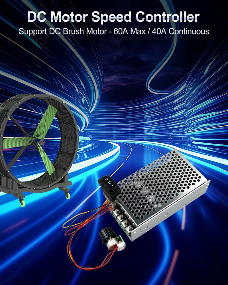 DC Motor Speed Controller 10V-55V, DC Rated 60A / Max 100A Reversible PWM Control Module for Motor, Variable Speed Adjuster with Forward-Brake-Reverse Switch & Aluminum Case