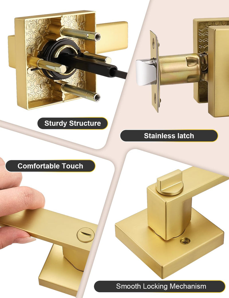 1 Pack Heavy Duty Gold Square Privacy Interior Door Levers, Satin Brass Finish, Bedroom and Bathroom Door Handles Keyless Bed/Bath Lockset 1 Pack Gold-Privacy