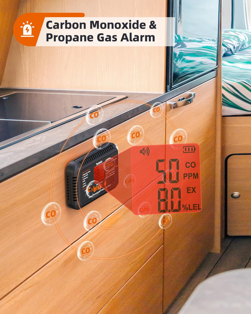 Tadeto RV Carbon Monoxide and Propane Gas Alarm, 12V DC Hardwired CO/LPG Gas Leak Alarm with Light and Audible Indicator, RV Propane Detector with Reset/Backlight for RV/Trailer/Camper Black
