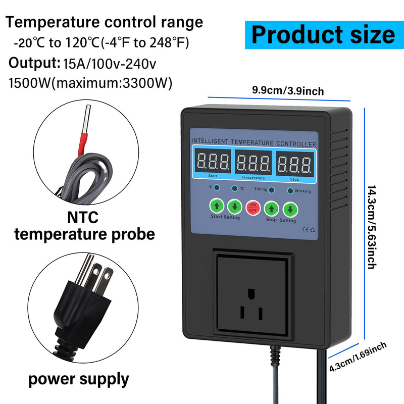 Intelligent Digital Temperature Control Sensor Regulator 100V-240V 15A -20℃-120℃ Heating/Cooling Thermostat Control Switch with LED Display Monitor,Suitable for Incubators,Brooders,Refrigerators