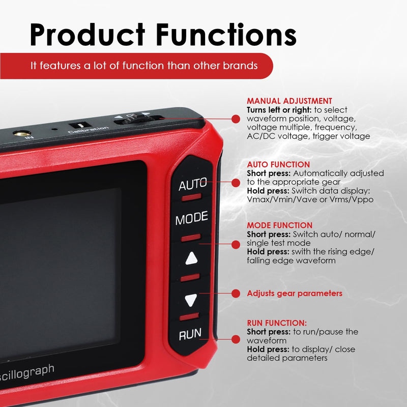 Handheld Digital Oscilloscope 2.8" Portable Automotive Oscilloscope Kit, 10MHz Bandwidth/48MS/s, Auto/Normal/Single Trigger, DDS Signal Generator (14 Waveforms) Mini Oscilloscope