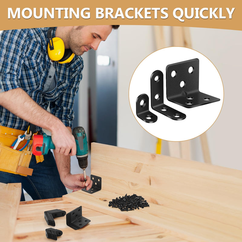 25Pcs L Brackets for Shelves, 3 Sizes Angle Corner Braces Metal L Bracket Heavy Duty for Wood, Sturdy and Rustproof for Repairing Furniture with 82Pcs Screws Mounting Bracket Easily Black 3 SIZE Black