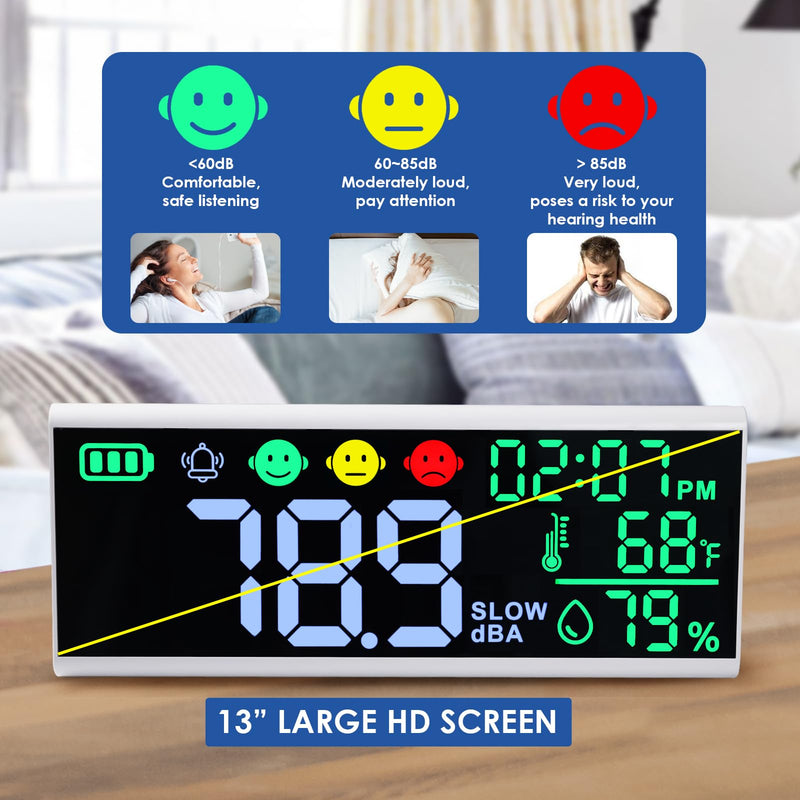 Decibel Meter 13 inches Sound Decibel Meter, Wall Hanging and Desktop Sound Level Meter Large LED Noise Meter Displays Decibel Time Temperature Humidity with Buzzer & Icons Alarm for Classroom Studio