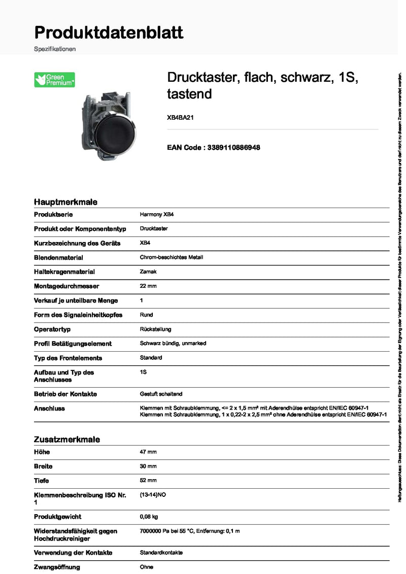 Schneider Electric XB4BA21 Push Button Switch for Industrial Machinery, Chromium Plated Metal Bezel, Fits 22mm Diameter Cutouts, Spring Return, 1NO, Black Flush