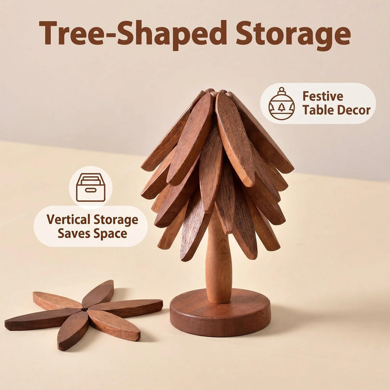 Tree Shape Wooden Trivet Set, 4 Pack Foldable Walnut Wood Hot Pot Holder with Stand, Expandable Heat Resistant Trivets for Kitchen Table Pot Pan Teapot Protection