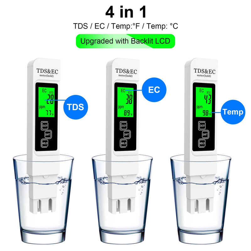 Most Accurate So Far 4-in-1 Instant Read TDS Meter - Measures TDS, EC, & Temperature (°C/°F) - Digital Water Testing Kit for Tap, Well, Pool, Hydroponics, Aquarium, RO/DI System White