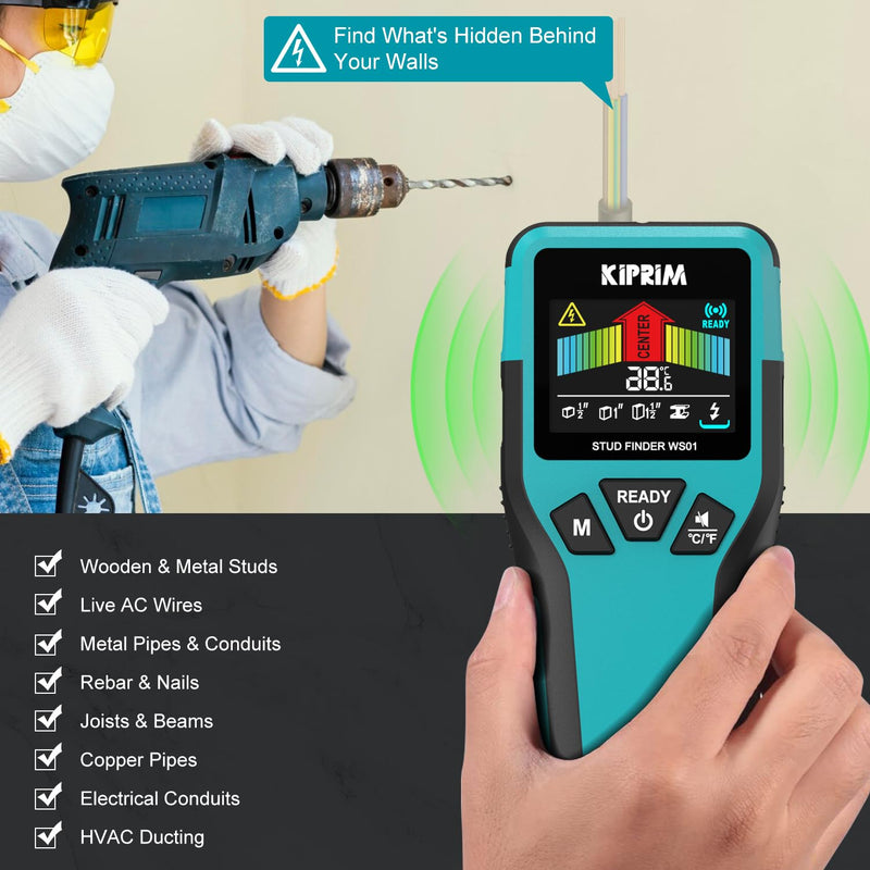 Kiprim Stud Finder Wall Scanner with LCD Display, 5-in-1 Electronic Stud Sensor for Wood, Metal, AC Live Wire Detection, 3 Depth Modes, Beep Warning, Wall Detector Tool WS01