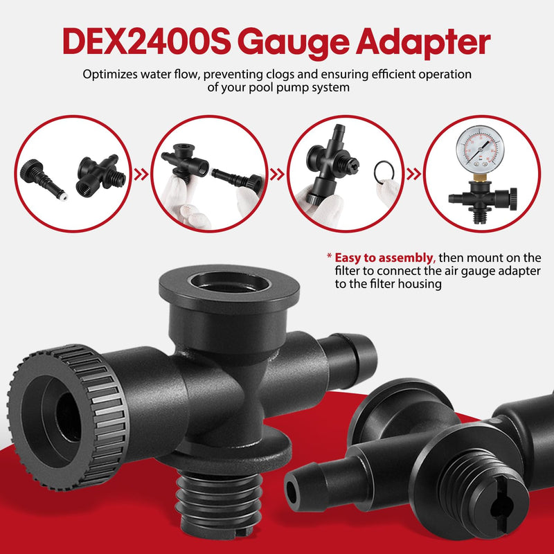 DEX2400S Filter Air Gauge Adapter Assembly + ECX270861 Pressure Gauge + DEX2400Z3A O-Ring Set for Filter Relief Valve Stem Fit for Hayward Most Swimming Pool Filters