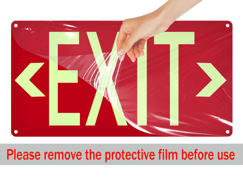 (2 Pack) Photoluminescent Exit Sign Red - with Removable Directional Arrows, With strong self adhesive tape, 14.25 x 7.5 Inches Heavy Duty Aluminum Signs, Fade Resistant 2pack