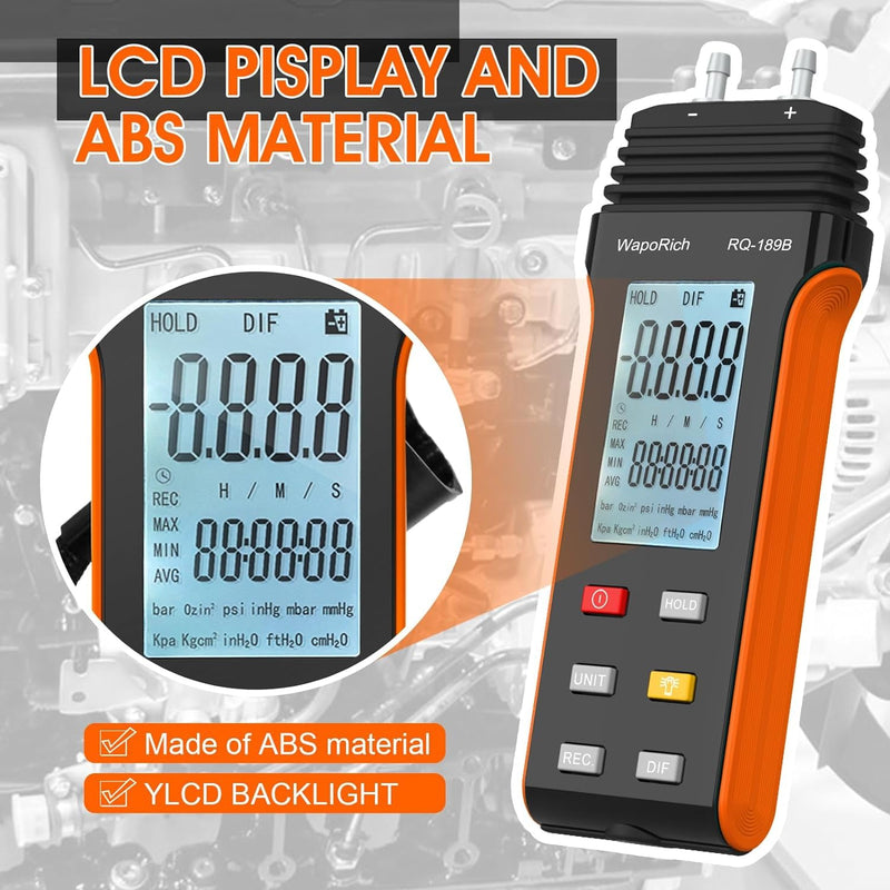 Manometer Air Pressure Meter, WapoRich Dual-Port HVAC Gas Pressure Tester ±30Psi/206.8Kpa ±0.3% with 11 Selectable Units of Differential Pressure Gauge, Backlight and Data Record RQ-189B(Limit maximum pressure:30Psi)