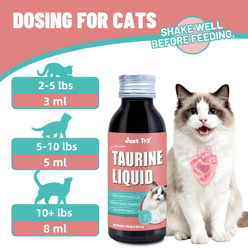 Just Try 3.38 fl oz Taurine & L-Lysine Supplement for Cats - Vitamins & Taurine for Immune Support & Allergy Relief - Lysine for Sneezing, Runny Nose and Watery Eyes - 100ML Chicken Flavor