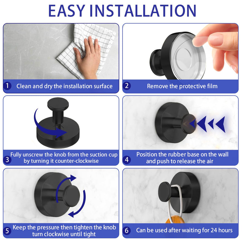Suction Cup Hooks for Shower, Towel Hooks for Bathroom Window Glass, Bath Robe Looafh Hook for Hanging - 2 Pack, Black