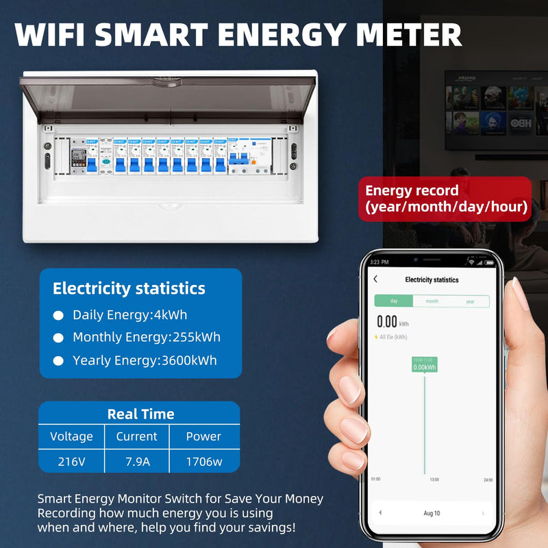 WiFi Smart Circuit Breaker Power Metering Energy Meter KWh 1P 230V 63A Voltmeter Ammeter DIN Rail Smart Life Wireless Remote Control Switch Timer Voice Control (50A)