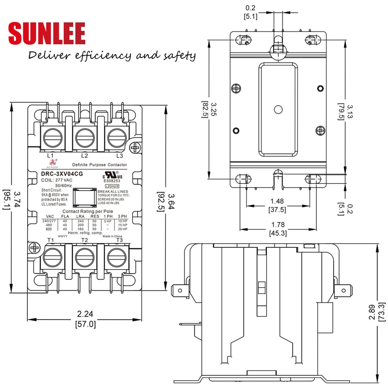 SunLee 3 Pole 40 Amp contactor 277V Coil UL DP Contactor HVAC Contactor A2L Compliant 42CF35AL Equivalent Lighting contactor