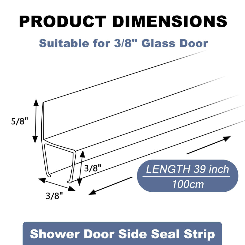 4-Pack Frameless Shower Door Side Seal for 3/8 Inch Thick Glass Doors – Stop Shower Leaks and Create a Water Barrier (3/8” x 39”) Side Seal -3/8''