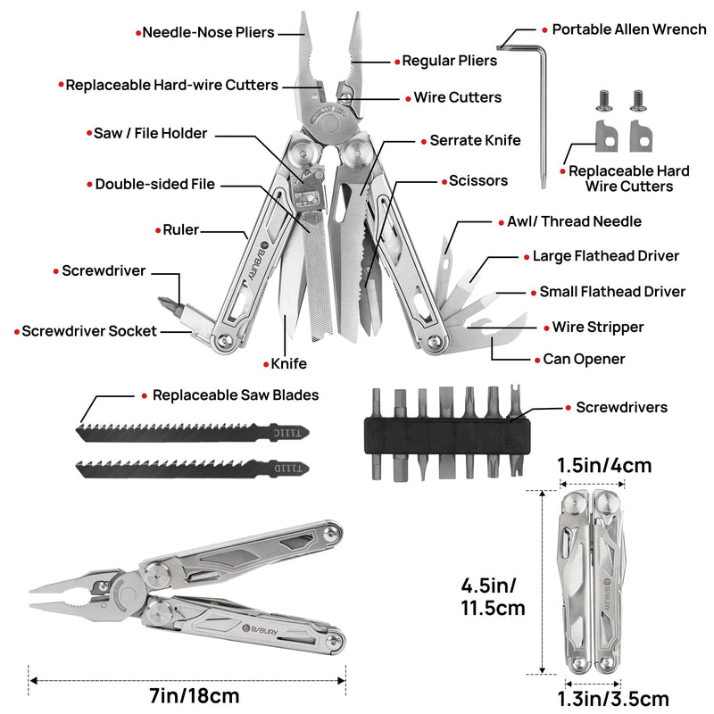 BIBURY Multitool Pliers, Stainless Steel Multi Tool Pliers with Replaceable Wire Cutters and Saw, Foldable Multitools with Scissors and Screwdriver, Ideal for Camping, Hiking, Survival, Repair Silver