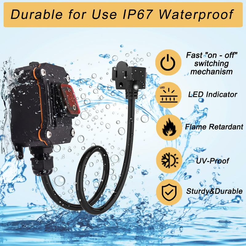 Inline Cord Switch with 3-ft 14AWG Cable Piggyback Plug(3-Pronged), IP67 Waterproof Extension Cord with On/Off Switch, AC/DC 20A-125V,16A-250V Inline Power Switch with Red LED Rocker Button 3FT