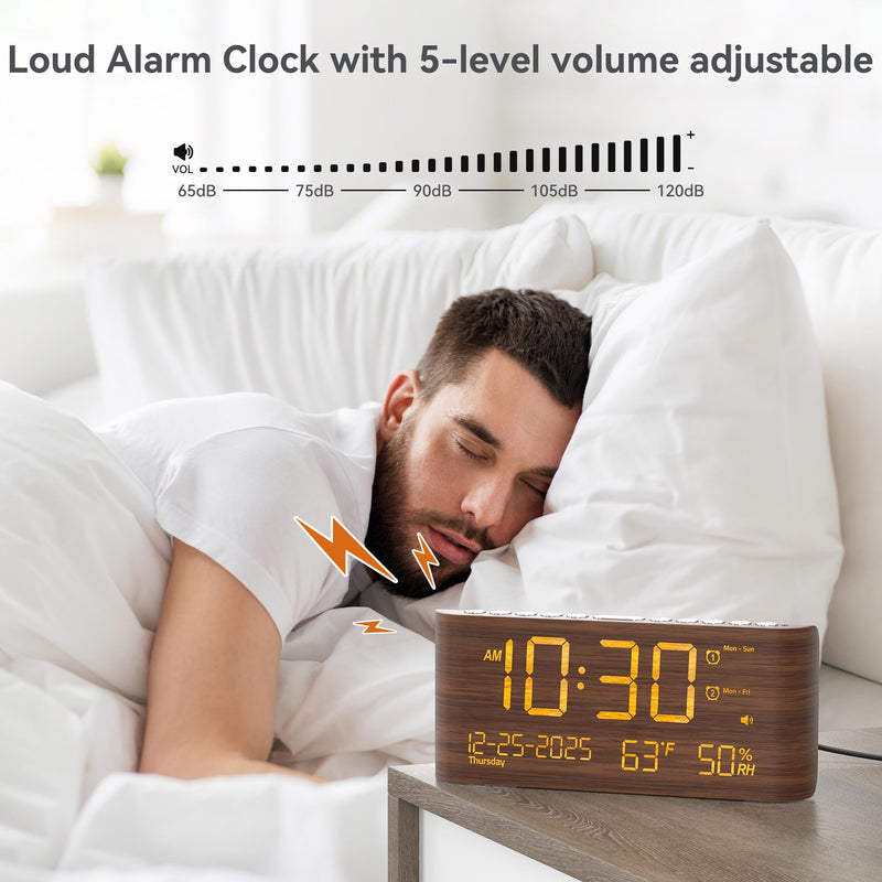 Mesqool Digital Alarm Clock for Bedroom with Date Temperature and Humidity, Dual Alarms，Loud Volume, USB and Type-C Charging Ports (Brown)