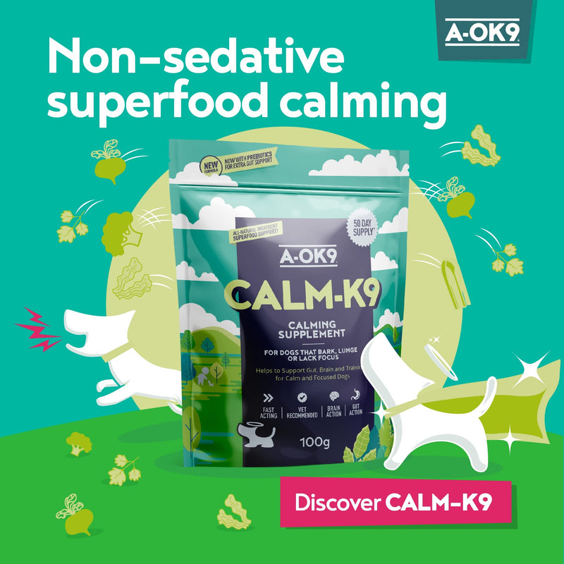 A-OK9 Calm-K9 | Calming Supplement for Dogs with Anxiety, Stress or Barking Troubles | Natural Ingredients. All Ages & Breeds Superfoods & Dog Supplements 1 pouch - PawsPlanet Australia
