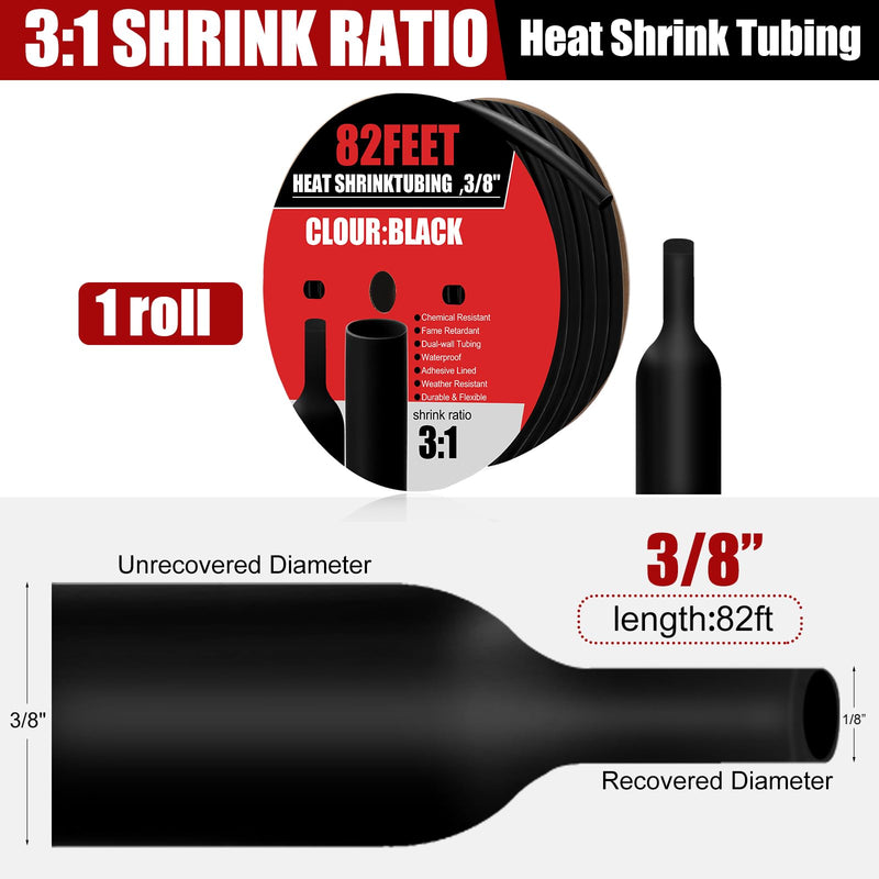 1 Pcs Heat Shrink Tubing, 3: 1 Ratio Dual Wall Adhesive Lined, Marine Grade Waterproof, Insulated Sealed for Industrial/Automotive Cable Repair(3/8'' (9.5mm)-82ft,Black) 3/8''(9.5mm)-82ft Black