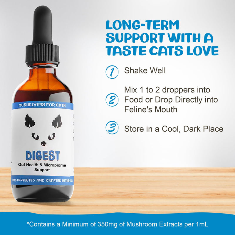 MycoCat Digest - Mushroom Extract & Adaptogen Tincture Cat Supplement - Cat Digestive Support Blend - Roots, Herbs, & Mushroom Extracts Including Chaga, Shiitake, & Turkey Tail