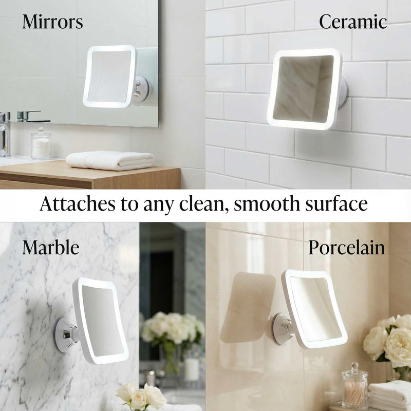 Fancii 10X Magnifying Lighted Makeup Mirror - Daylight LED Vanity Mirror - Compact, Cordless, Locking Suction, 6.5" Wide, 360 Rotation, Portable Illuminated Bathroom Mirror (Square) White
