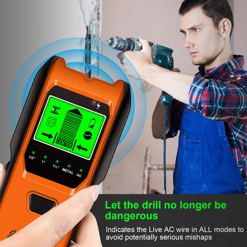 Stud Finder Wall Scanner, 5 in 1 Multifunction Stud Locator with Smart Sensor, HD LCD Display and Audio Alarm for The Center & Edge of Metal, Studs, AC Wire, and Pipe Detection (Tropical Orange) Tropical Orange