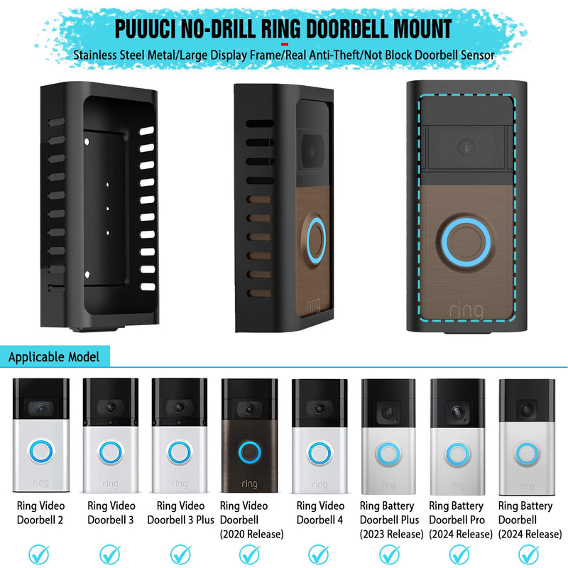 No-Drill Doorbell Mount for Ring Battery Video Doorbell 2/3/4/(2020 Release)/(2024 Release)/Plus/Pro, Adhesive Steel Metal Doorbell Mounting Bracket Accessories for Apartment, Home, Business Fixed