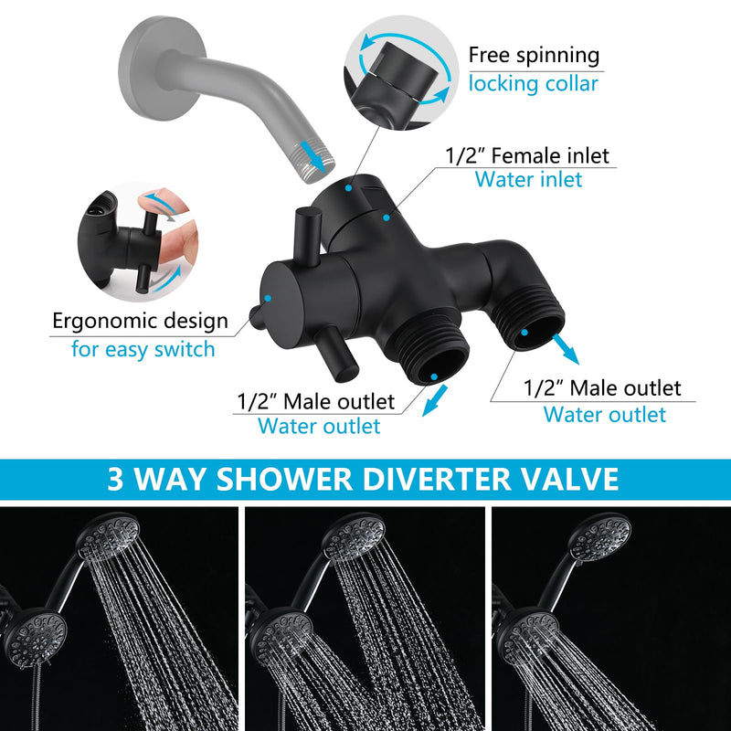 PDPBath Brass 3 Way Shower Arm Diverter Valve for Handheld Shower Head and Fixed Shower Head, G1/2 Universal Connection - Matte Black