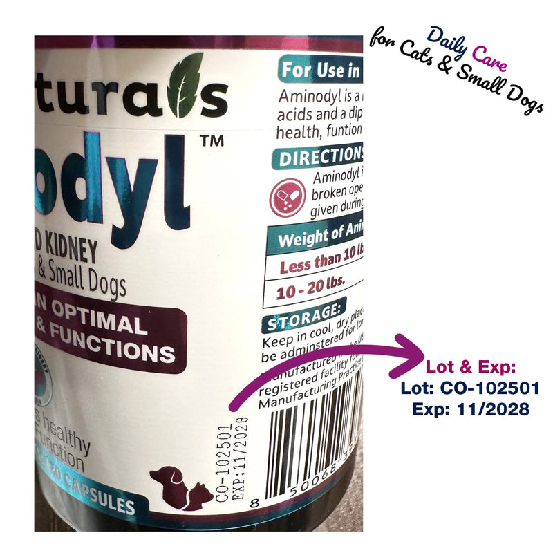 Aminodyl™ Kidney Support Supplement 400mg for Cats & Small Dogs - Supports Natural Kidney Function with Amino Vastly Promotes Health, Wellbeing & Vitality of Kidneys - 120 Sprinkle Capsules. U.S.A Cats & Small Dogs <20lbs (120 Caps) 400 mg
