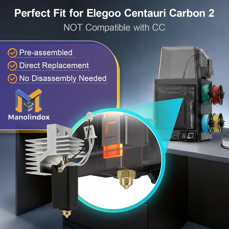2Pack 0.4MM CC2 Hardened Steel Ceramic Hotend for Centauri Carbon 2, Hot End Print Head Extruder Kit Heater Cartridge with 0.6/0.8/0.2MM Nozzle Silicone Socks and Kit Tools