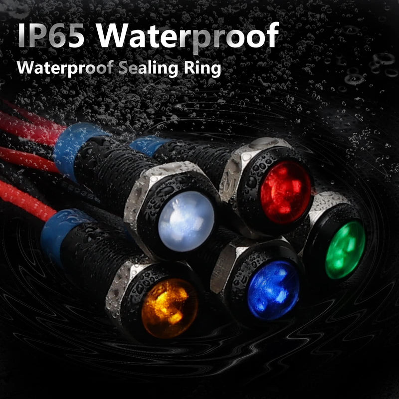 APIELE Indicator Light 6mm 1/4" Waterproof IP65 Metal Signal Lamp 12V-24V AC/DC LED Pilot Dash Lamp Aluminum Red 5 PCS with 150mm Wire for Car Truck Boat (Red) Black Shell-Red