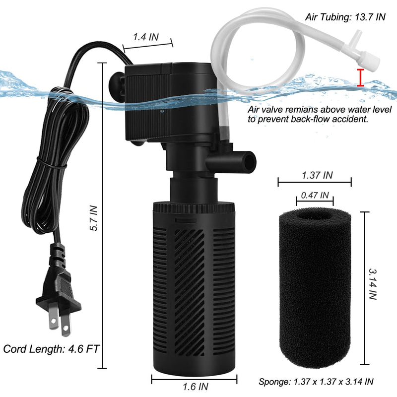 DOMICA Small Aquarium Filter with Aeration System 92GPH 5W Internal Filter for 3 to 10 Gallons Fish Tank, Submersible Fish Tank Filter with 4-pack Pre-filter Sponge