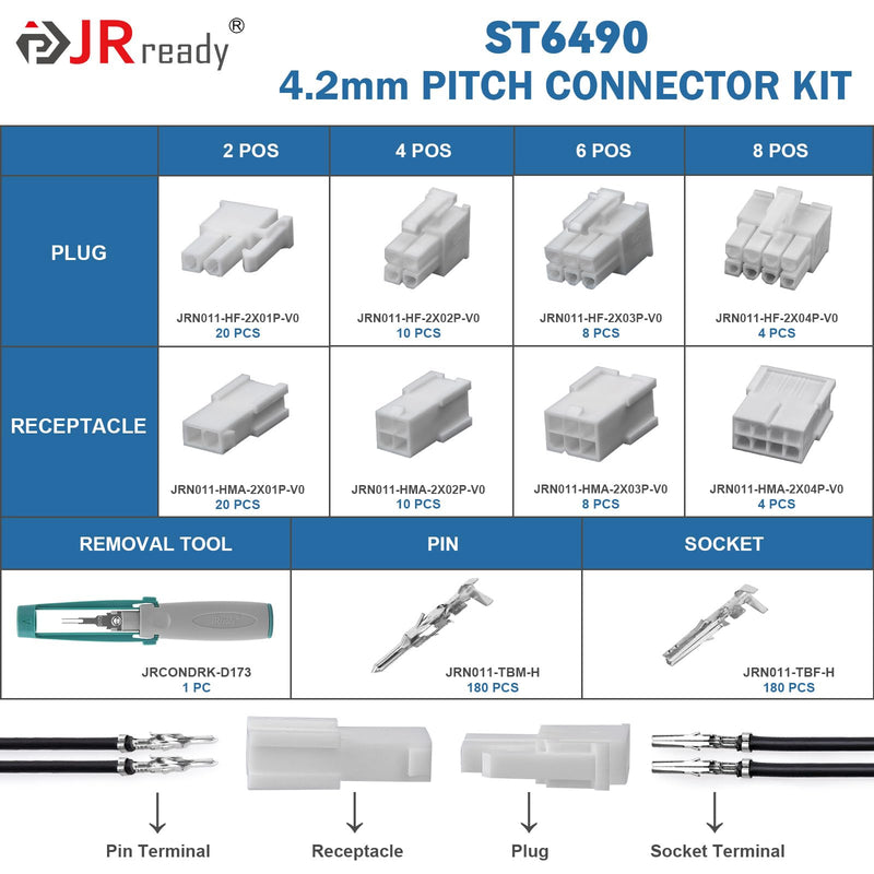 JRready ST6490 Dual Row 2 4 6 8 Pin Connector kit,w/Terminal Pin 18-24 AWG,Molex Extraction Tool,Compatible with Molex Mini-Fit Jr. Connector,4.2mm Pitch,Free Hanging Free Hanging