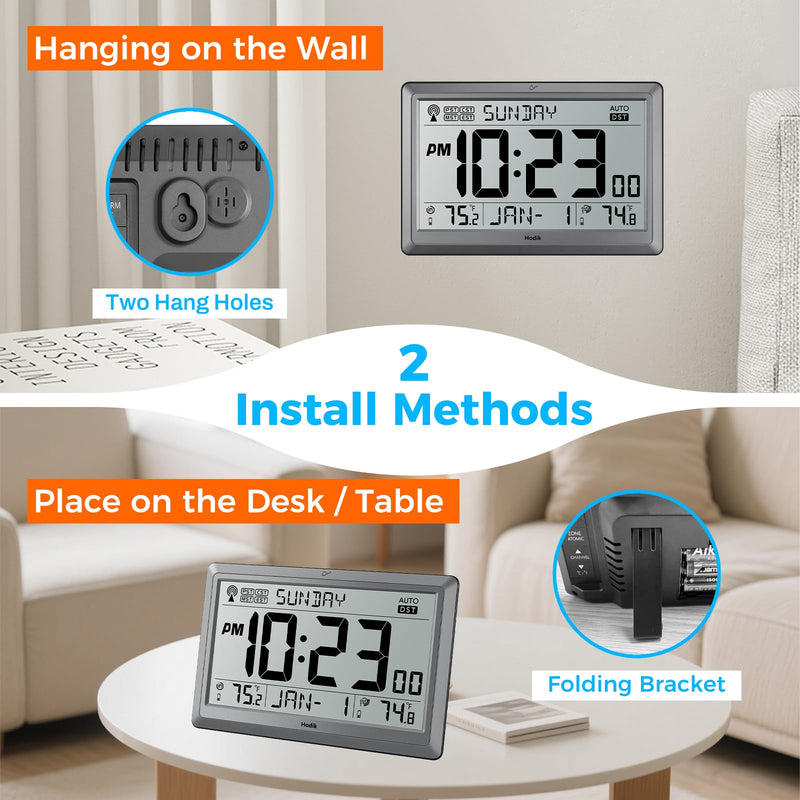 Wall Clock Atomic with Indoor Outdoor Temperature Battery Powered, Easy Reading with 10.5 Inch Large LCD Display, 330FT Range Table Wall Clock With DST, 12/24 Hour for Living Room Kitchen (Silver) Silver