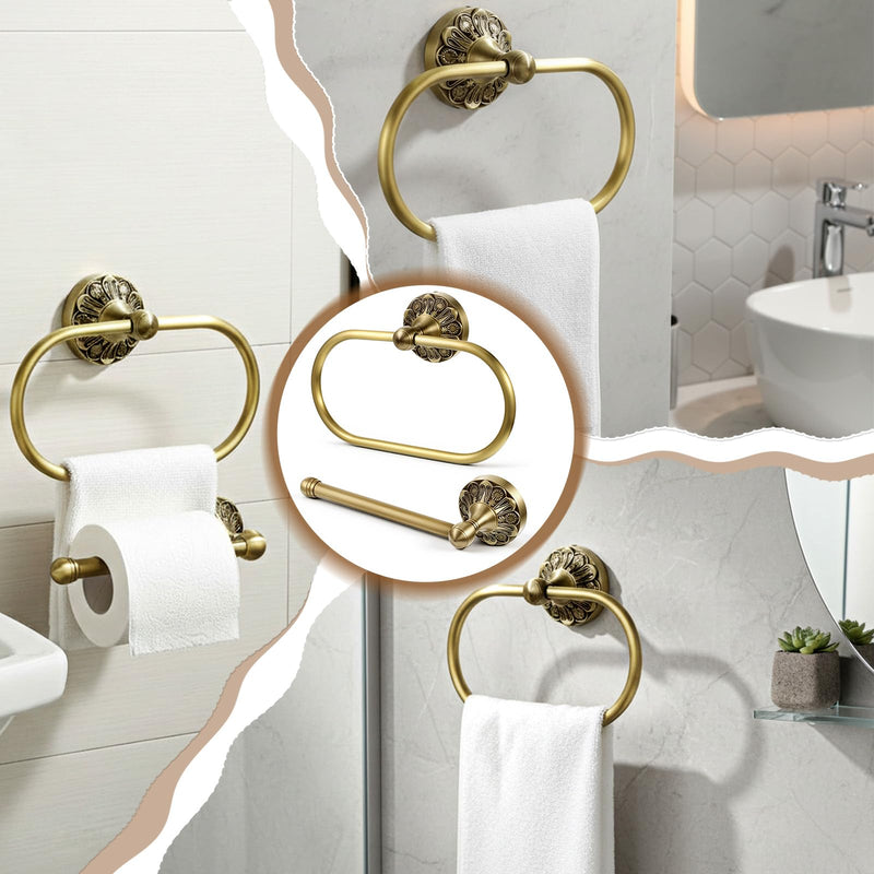 2 Pcs Antique Brass Toilet Paper Holder Set, Retro Oval Hand Towel Holder & Tissue Roll Paper Hanger Wall Mounted Vintage Bathroom Hardware Accessories for Home and Hotel