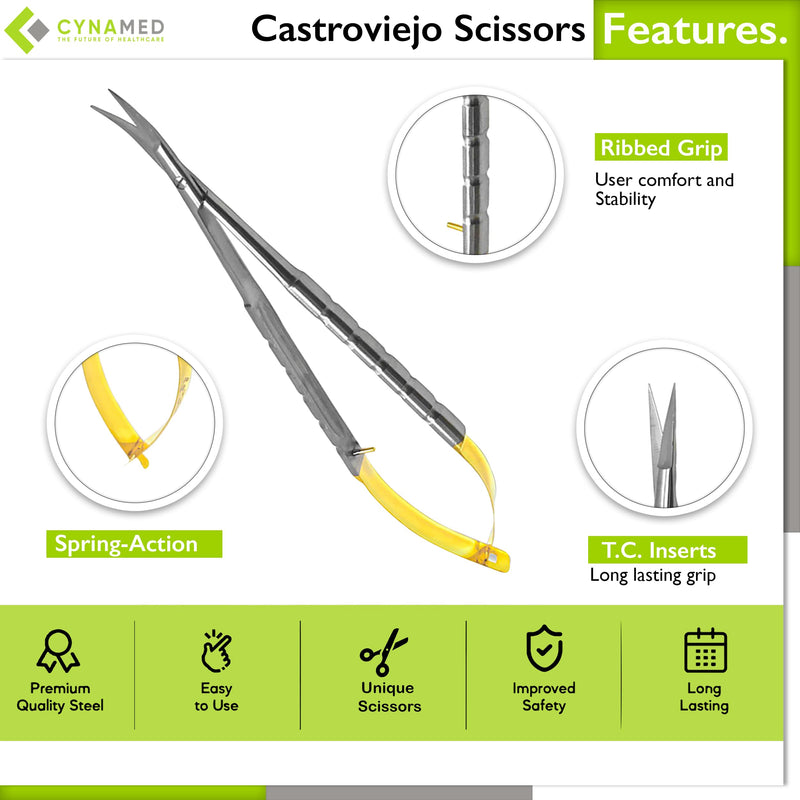 Cynamed TC Castroviejo Micro Scissor with Tungsten Carbide Inserts and Gold Ends - Premium Grade Instrument (5.5 in. - Curved Blades) 5.5 in. - Straight Blades