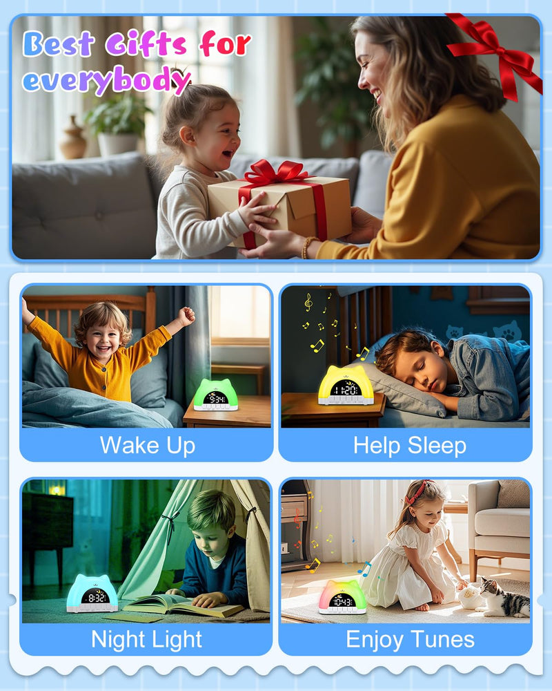 Kids Alarm Clock, OK to Wake Alarm Clock for Kids, Cat Clock with 11 Colors Night Light, 10 Soothing Sounds, Child Lock, Dual Alarms, Sleep Training, Birthday Gift for Boy Girls Children White